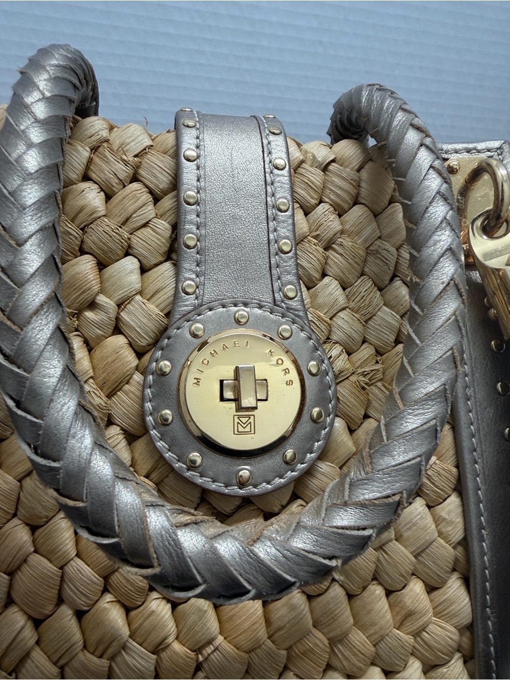 Michael Kors Woven Straw Tote with Metallic Gold Trim - Yellow - Picture 2 of 6